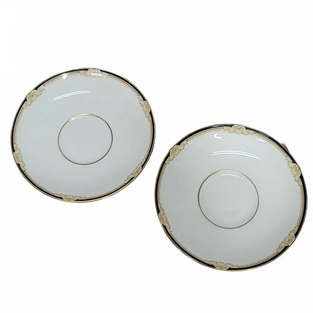 Wedgwood Cavendish Bone China Tea Cup and Saucer Set of 2 Navy Gold England‎